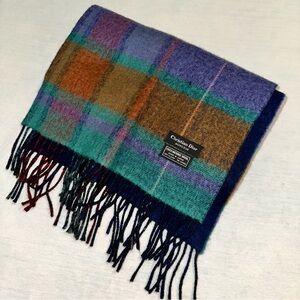 Vtg Christian Dior Monsieur Scarf Blue Plaid 100% Merino Wool Japan Reversible